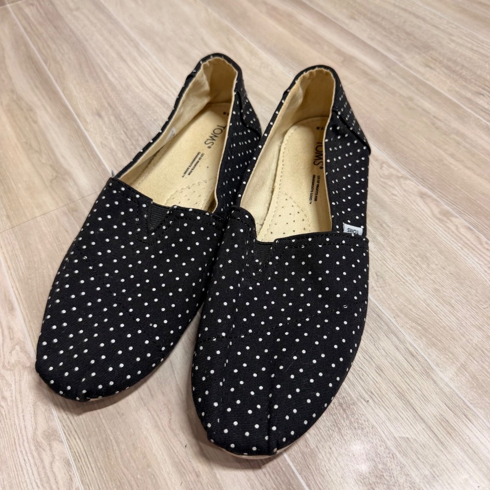 TOMS Womens Black Canvas Polka Dot Alpargata Slip On Flat Shoes Size 7.5